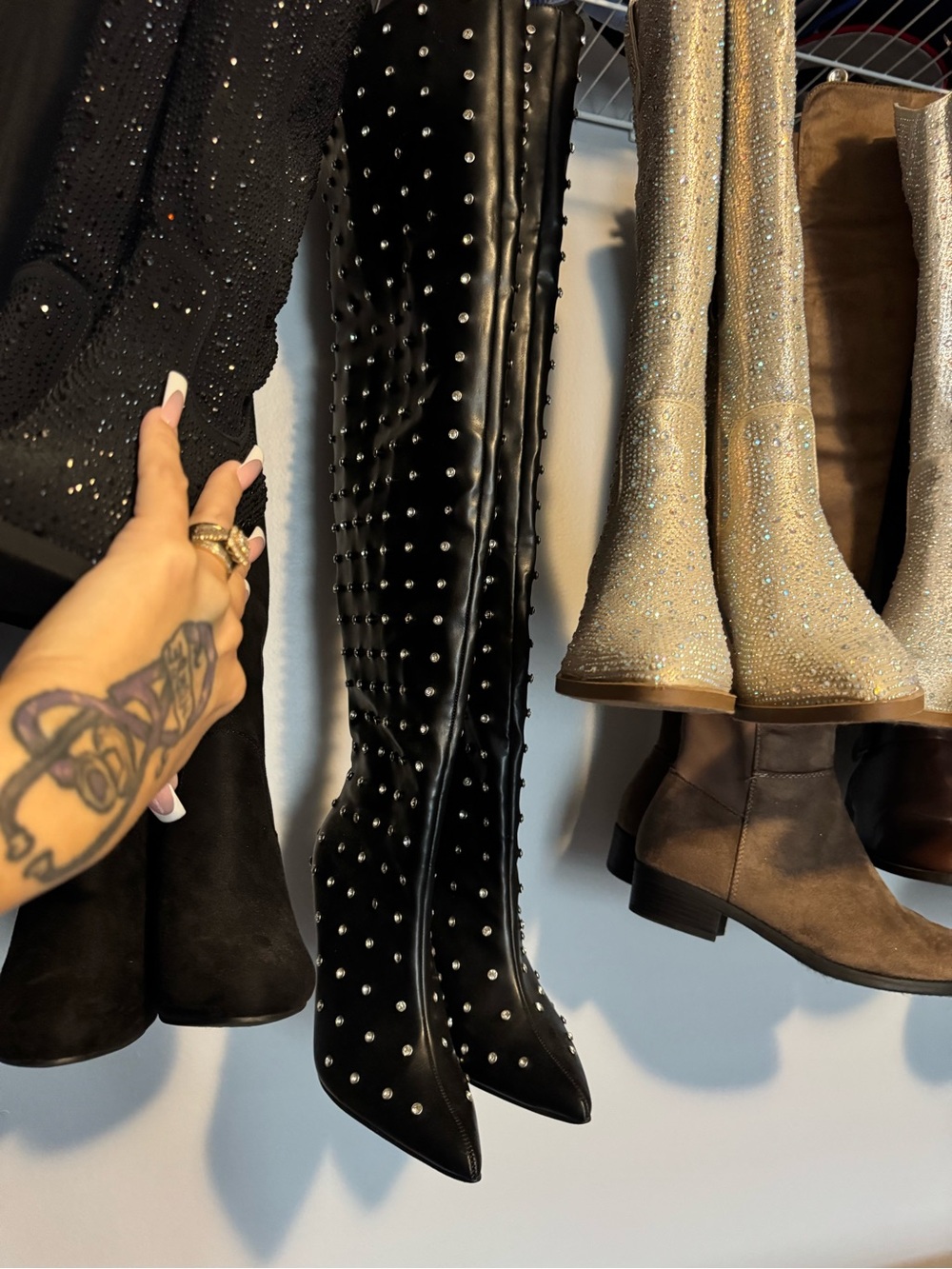 Windsor Black Studded Over-the-Knee Pointed Boots